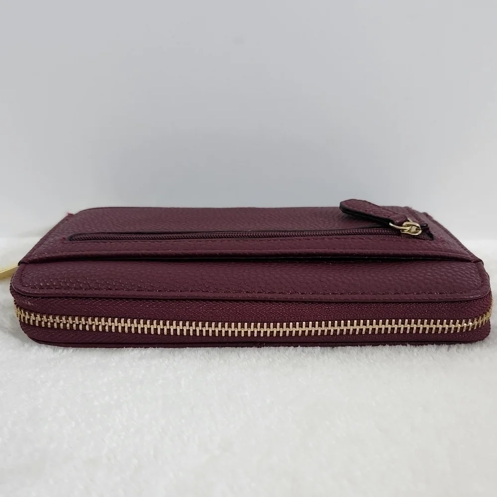 Liz Claiborne Erica Zip Around Faux Leather Gold Dark Wine Wristlet Wallet